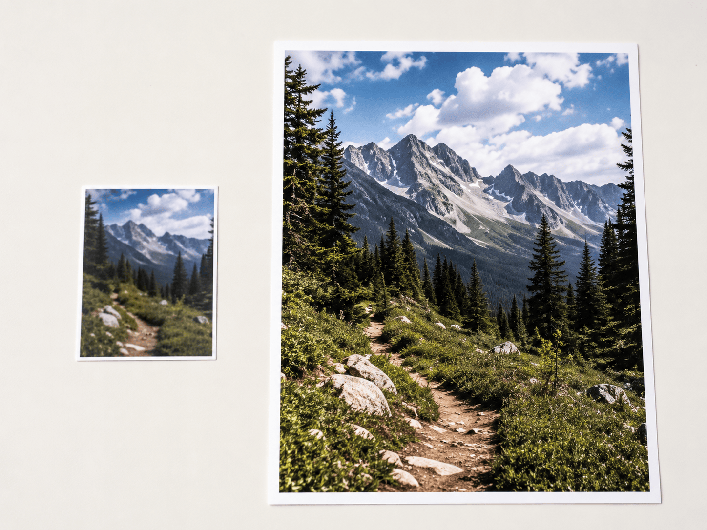 Two prints of the same photo: a small, low-detail thumbnail print next to a large, sharp full-resolution print, illustrating the two frames a single HEIC file can hold.